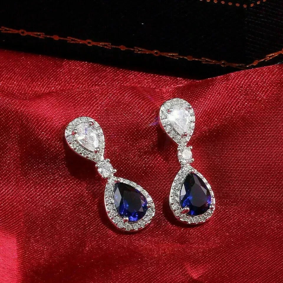 2.30Ct Pear Cut Simulated Sapphire Drop/Dangle Earring In 14K White Gold Plated
