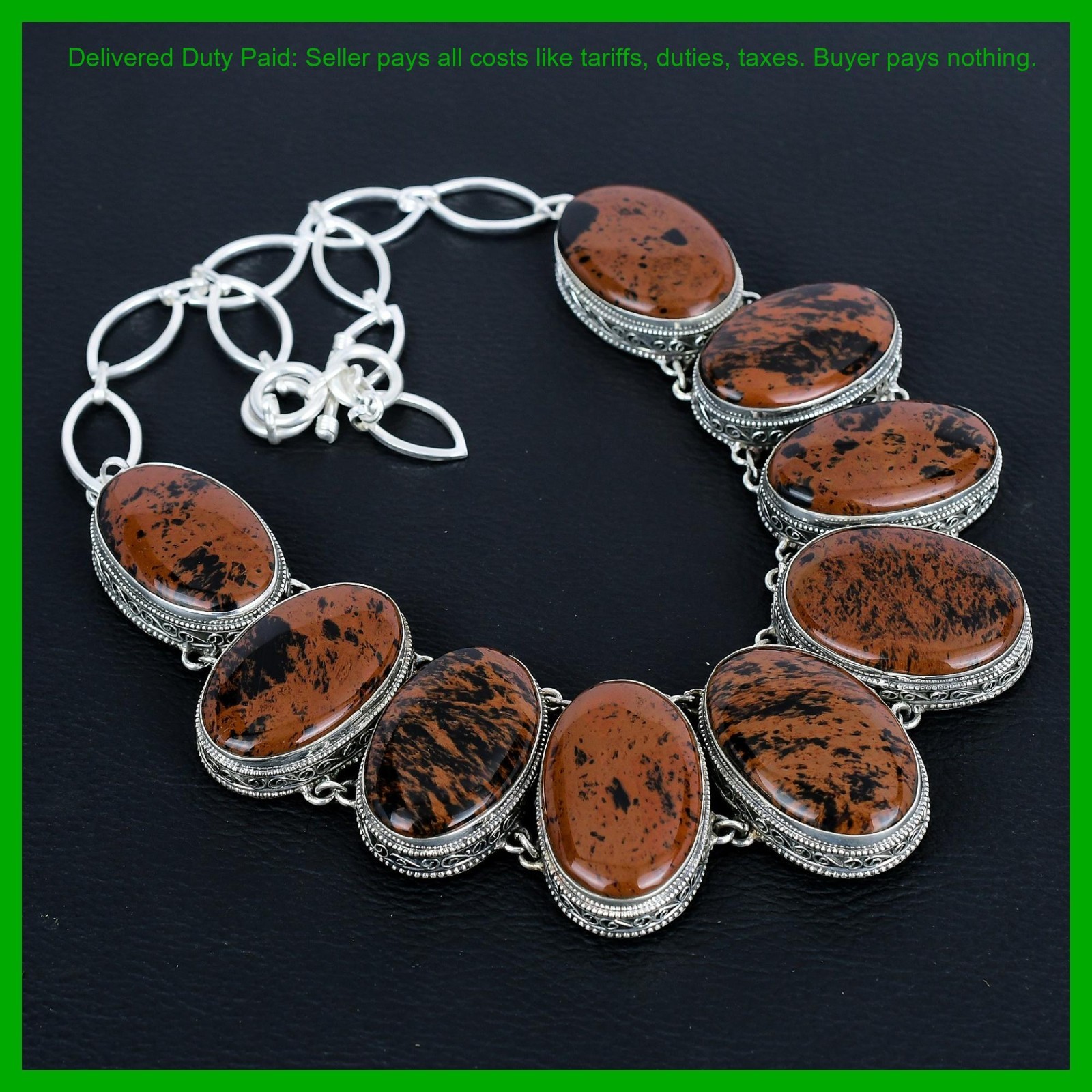 Sterling Silver Mahogany Obsidian Stone Chain New Vintage Bezel Necklace Jewelry