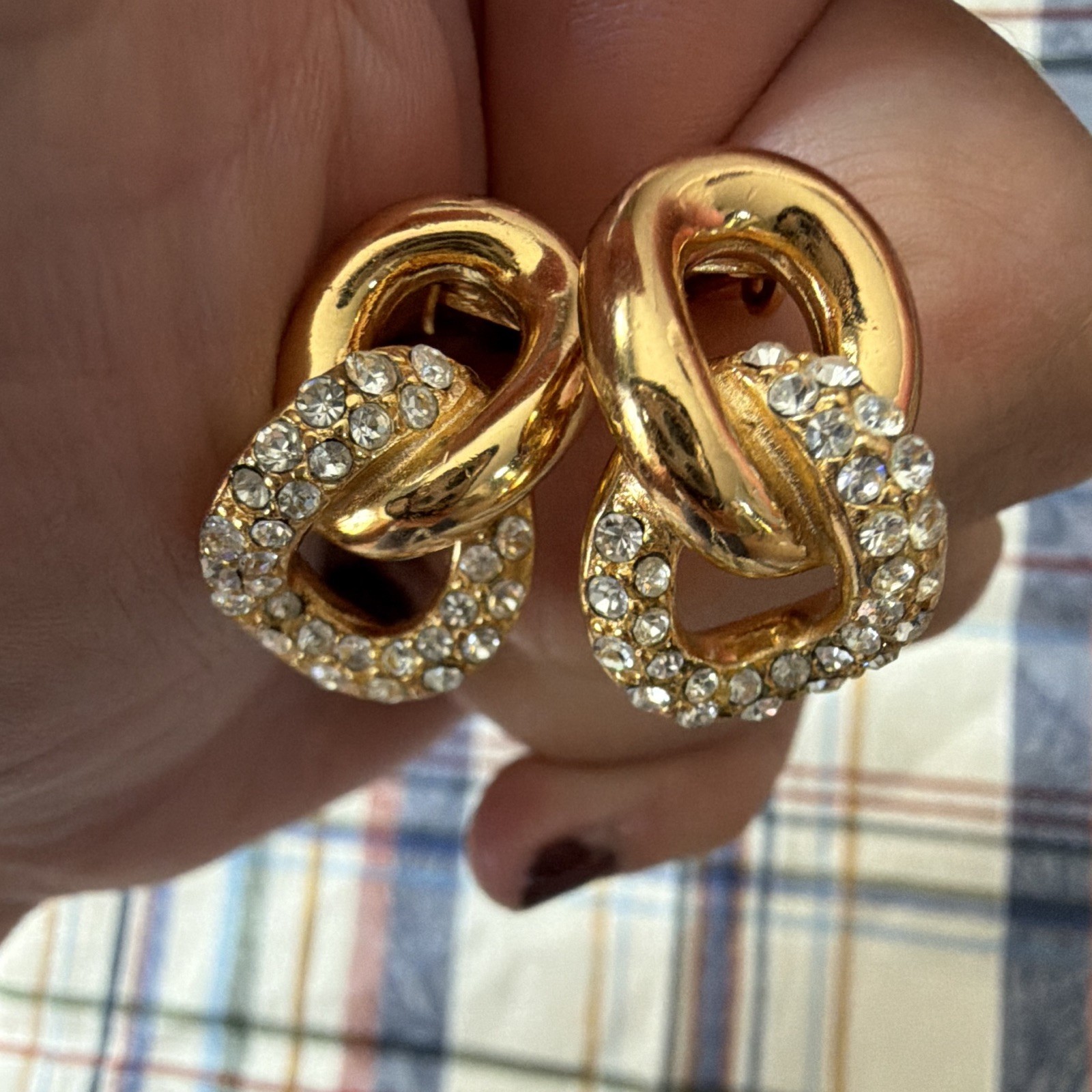 Vintage Christian Dior Interlocking Link Clip On Earrings Rhinestone Signed Gold