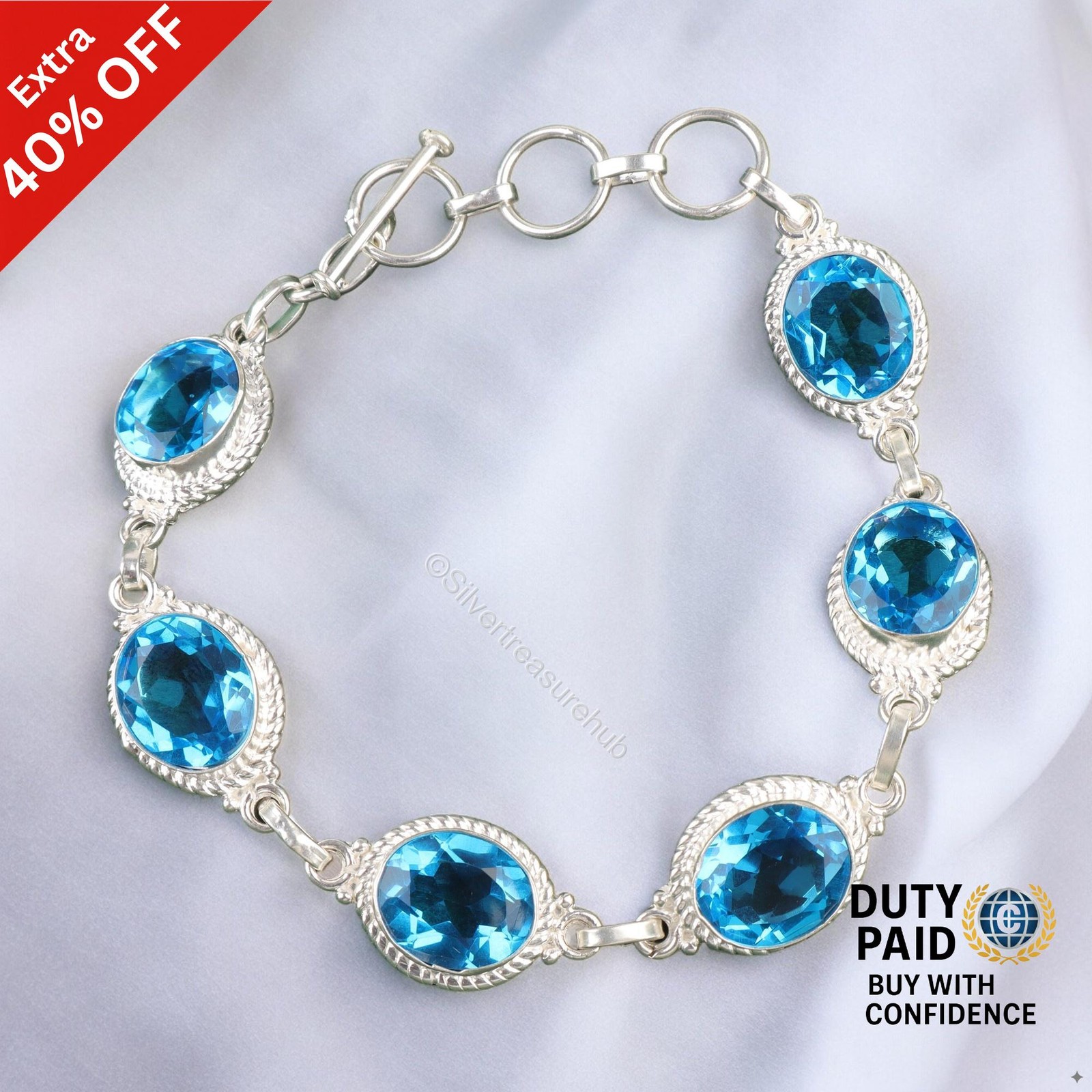 925 Silver Swiss Blue Topaz Gemstone Elegant Engagement Wife Chain New Bracelet