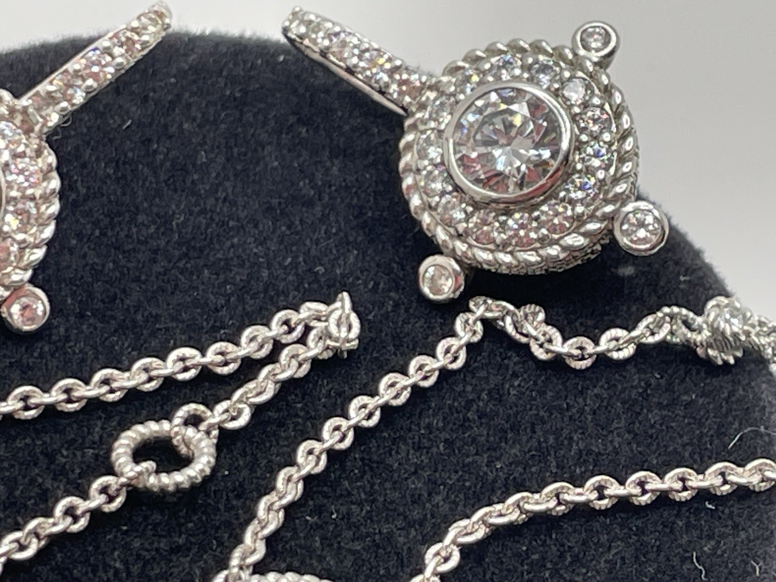 JUDITH RIPKA 925 Sterling Silver C Z Station Chain Pendant Necklace & Earrings
