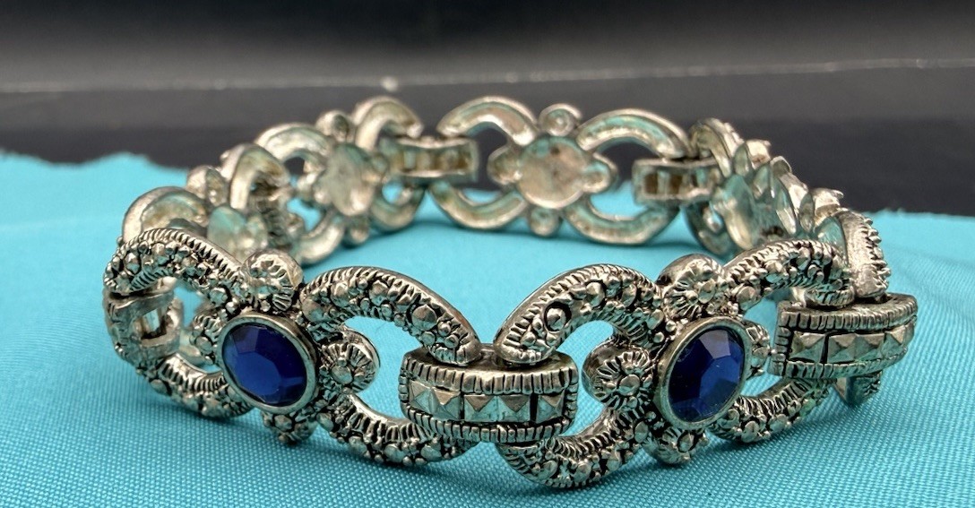 Art Deco Style Bracelet Moisonnite, Blue Saphhire Colored Cystals Silver 7.5”