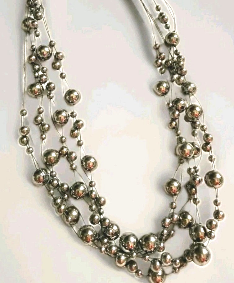 New Layered Silver Tone Multi Strand Necklace Floating Silver Tone Beads Trend