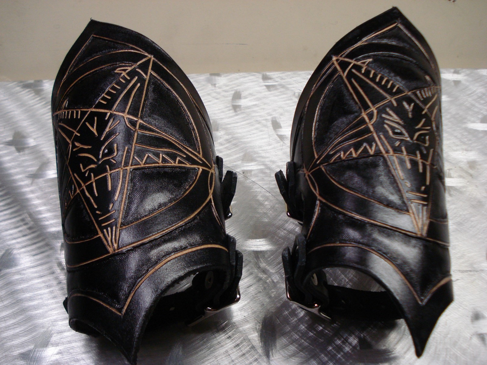 LEATHER BAPHOMET CARVED GAUNTLET. BLACK METAL…(MDLG0149) …..BEHEMOTH