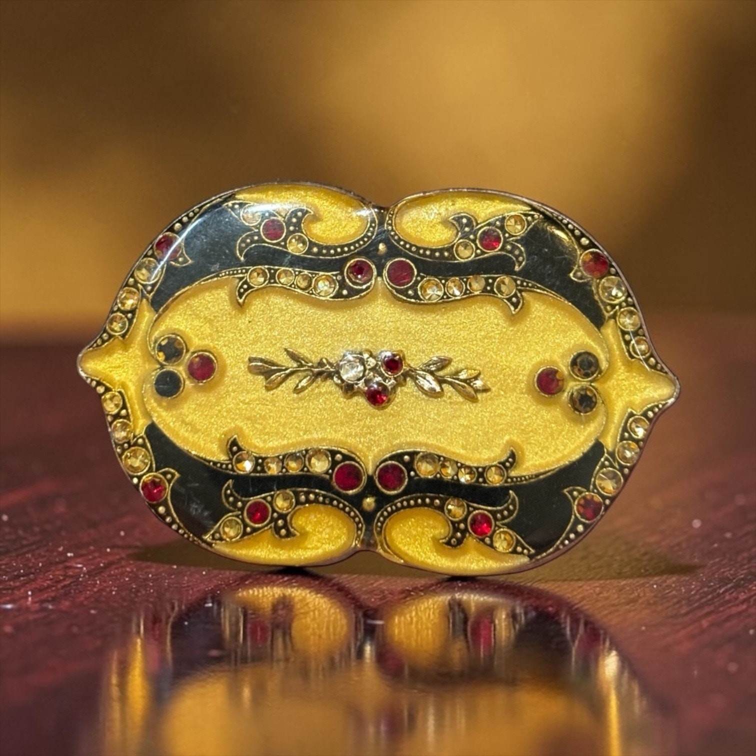 Art Deco Rhinestone Enamel Brooch Gold Black Red Jeweled Statement Pin