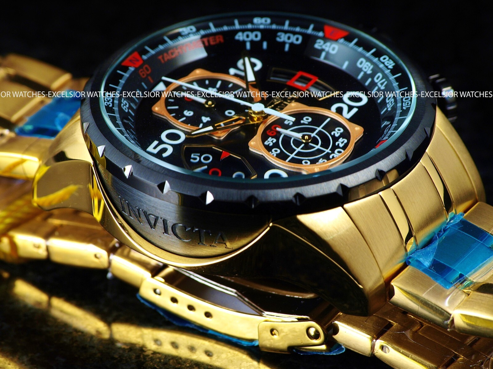 New Invicta Men’s AVIATOR CHRONOGRAPH Quartz Gold Tone SS 48mm Blue Dial Watch