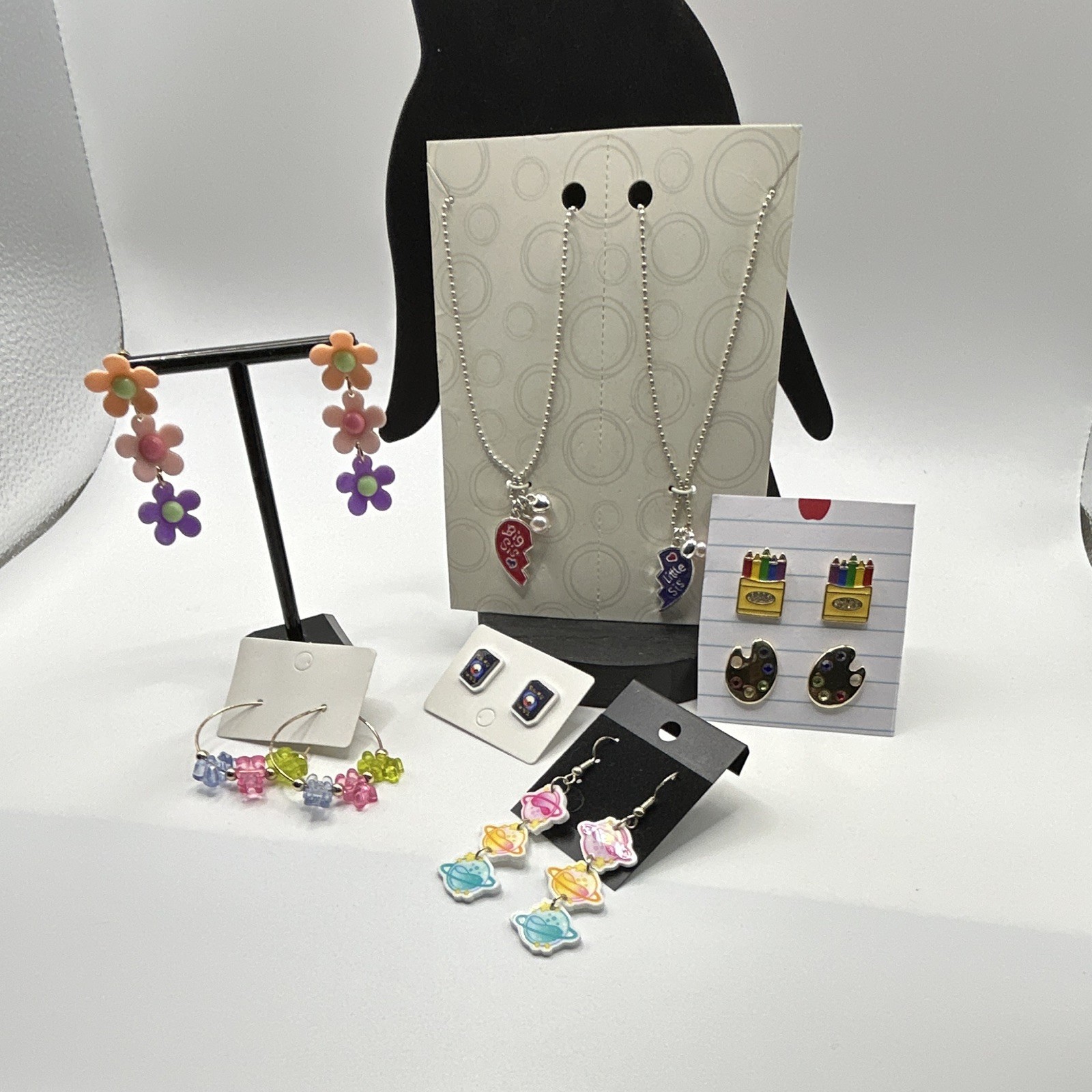 7 pc Kids Fashion Jewelry Mixed Lot Multicolor Earrings & Chain Necklaces
