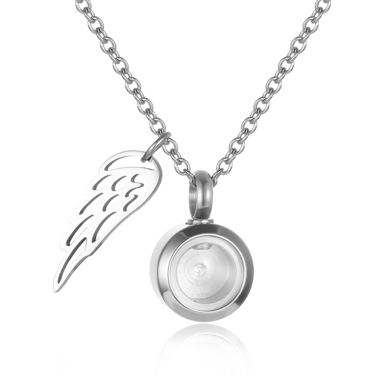 Tiny Glass Round Cremation Urn Necklace For Ashes For Women With Angel Wing S…