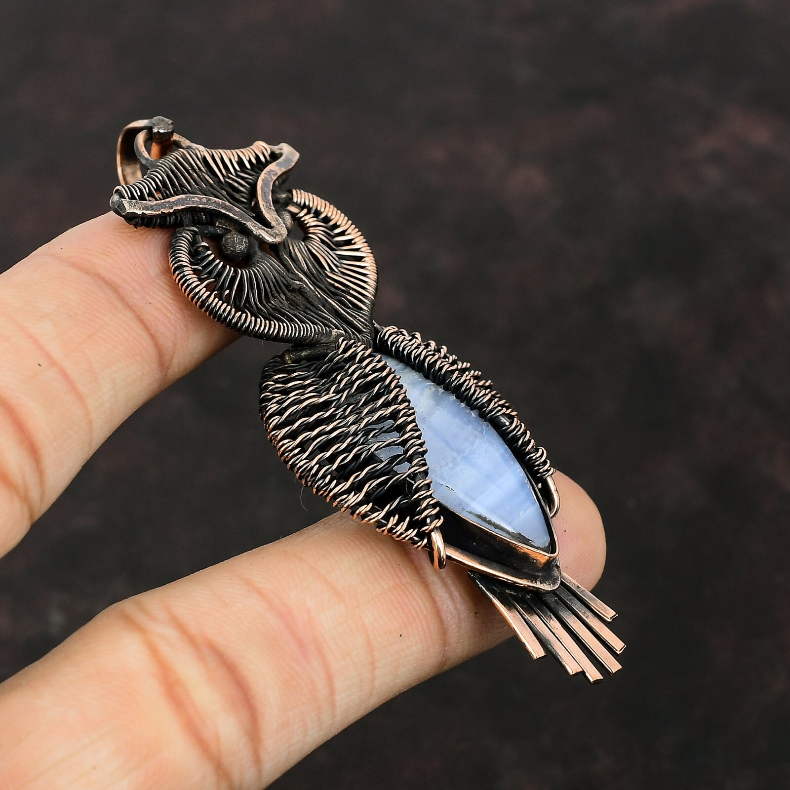 Blue Lace Agate Wire Wrapped Owl Pendant Handcrafted Copper Unique Jewelry 3.35″