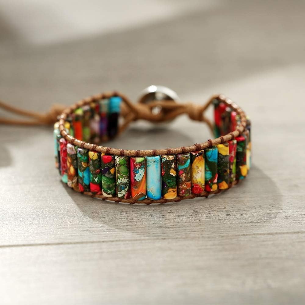 Artisan Crafted Natural Jasper Leather Wrap Bracelet – 6.5 Inch Adjustable Fit