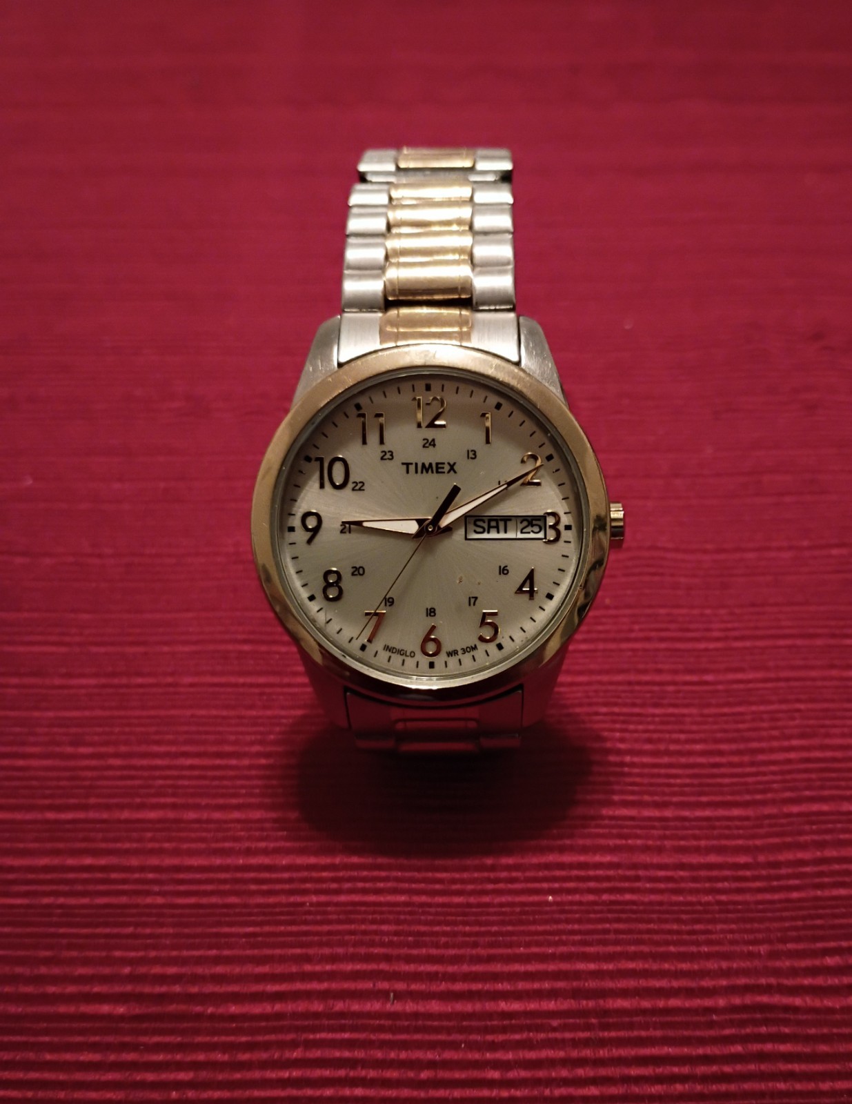 Timex Indiglo Men’s Quartz Two-Tone SS Bracelet Day/Date Silver Dial 30m