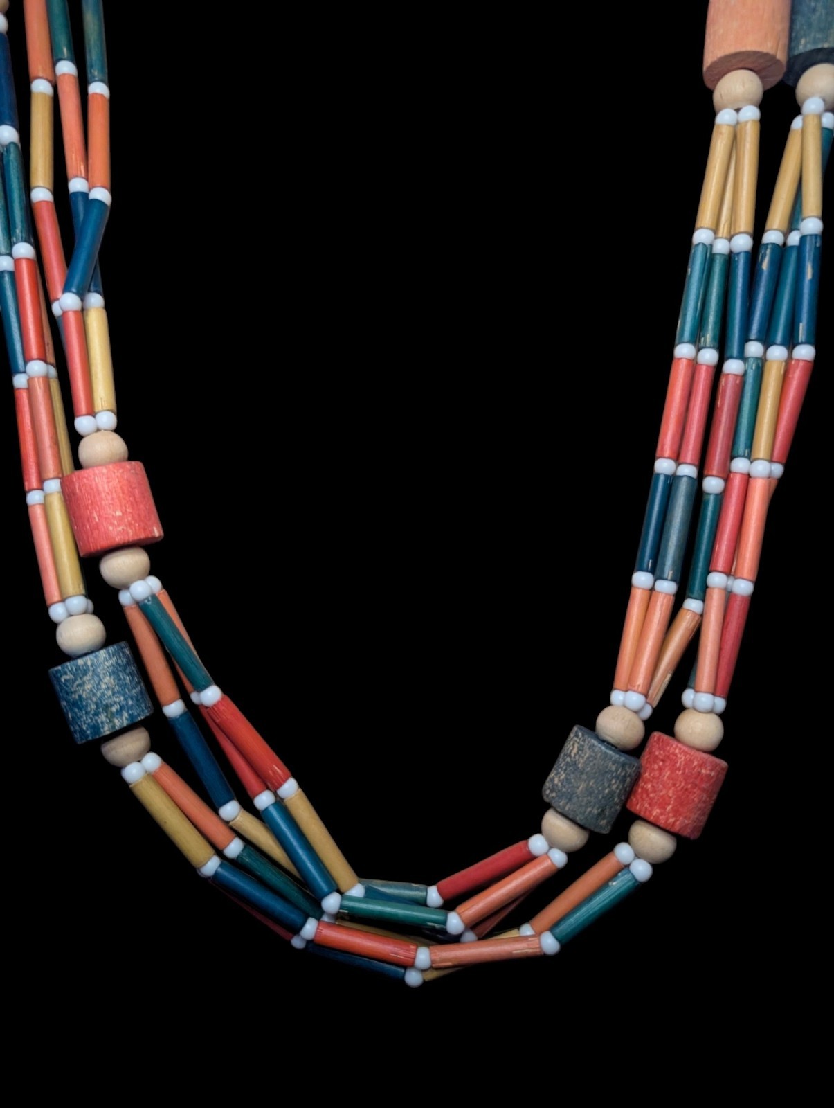 Vintage Multi-Strand Colorful Wood Bead Layered Statement Necklace Boho 70s…