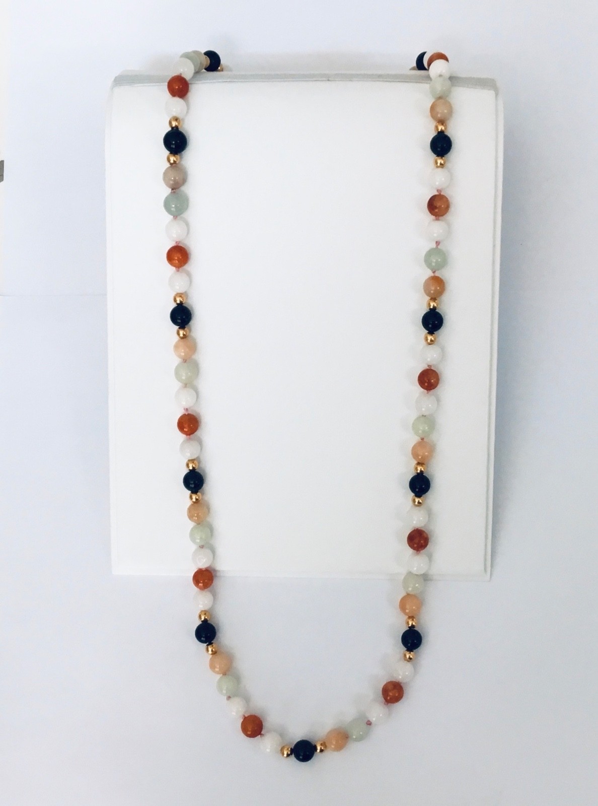Multicolor Jade W / Solid 14K Gold Balls Hand Knotted 30 in Necklace NEW