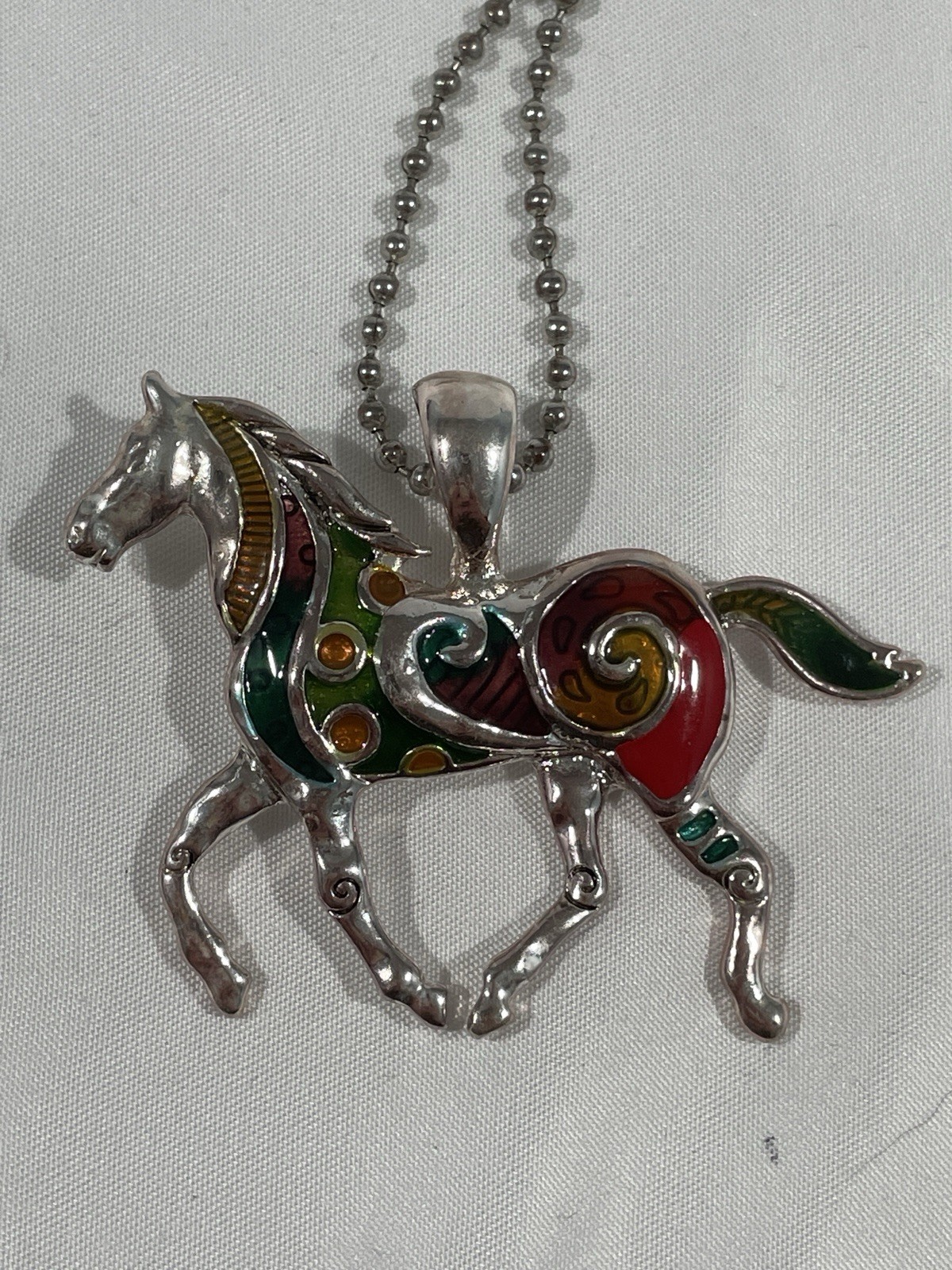 Silver Tone Horse Charm Pendant Necklace, Ball/Bead Chain, Multicolor Enamel