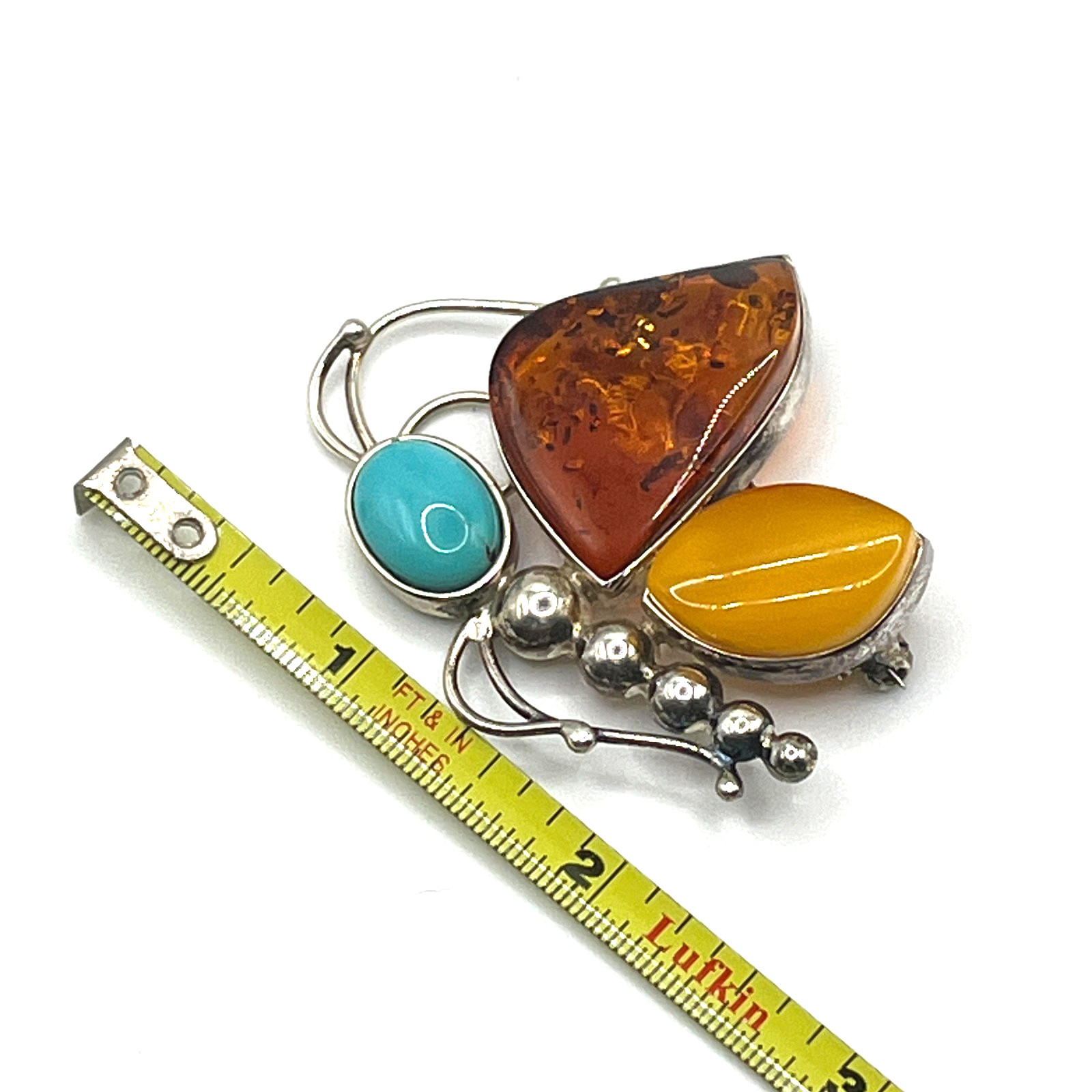 Brooch Valerio V8 Poland Baltic Amber Turquoise Butterfly 80s VTG Sterling 925
