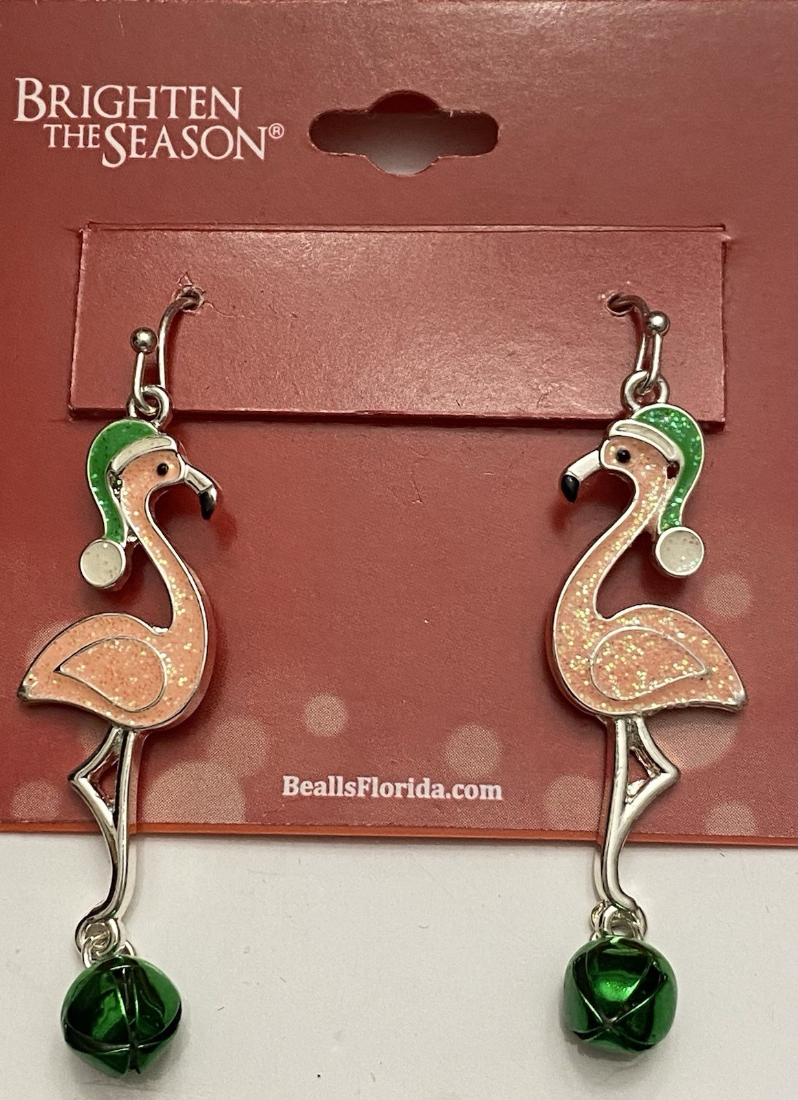 NWT Pink Flamingo Dangling Christmas Jingle Bell Earrings 2.5”