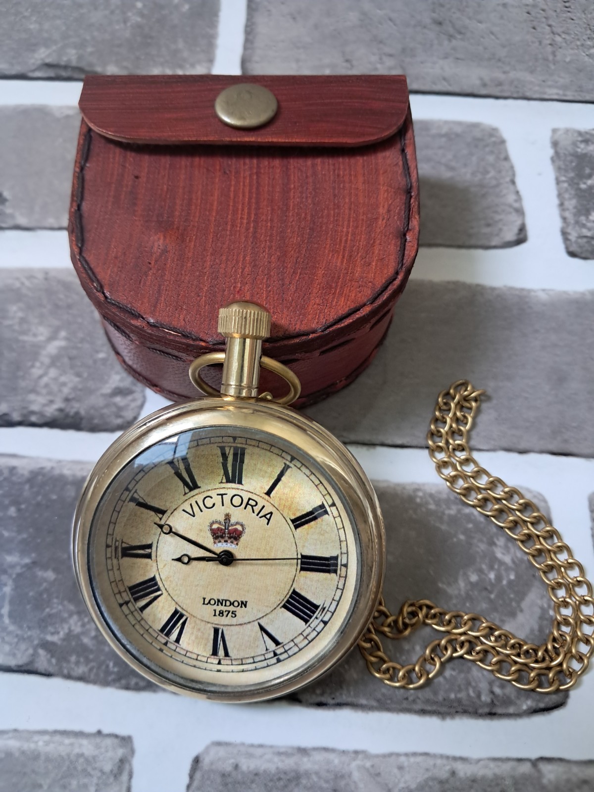 Antique Brass Pocket watch Victoria 1875 vintage with Leather Box Occasion Gift