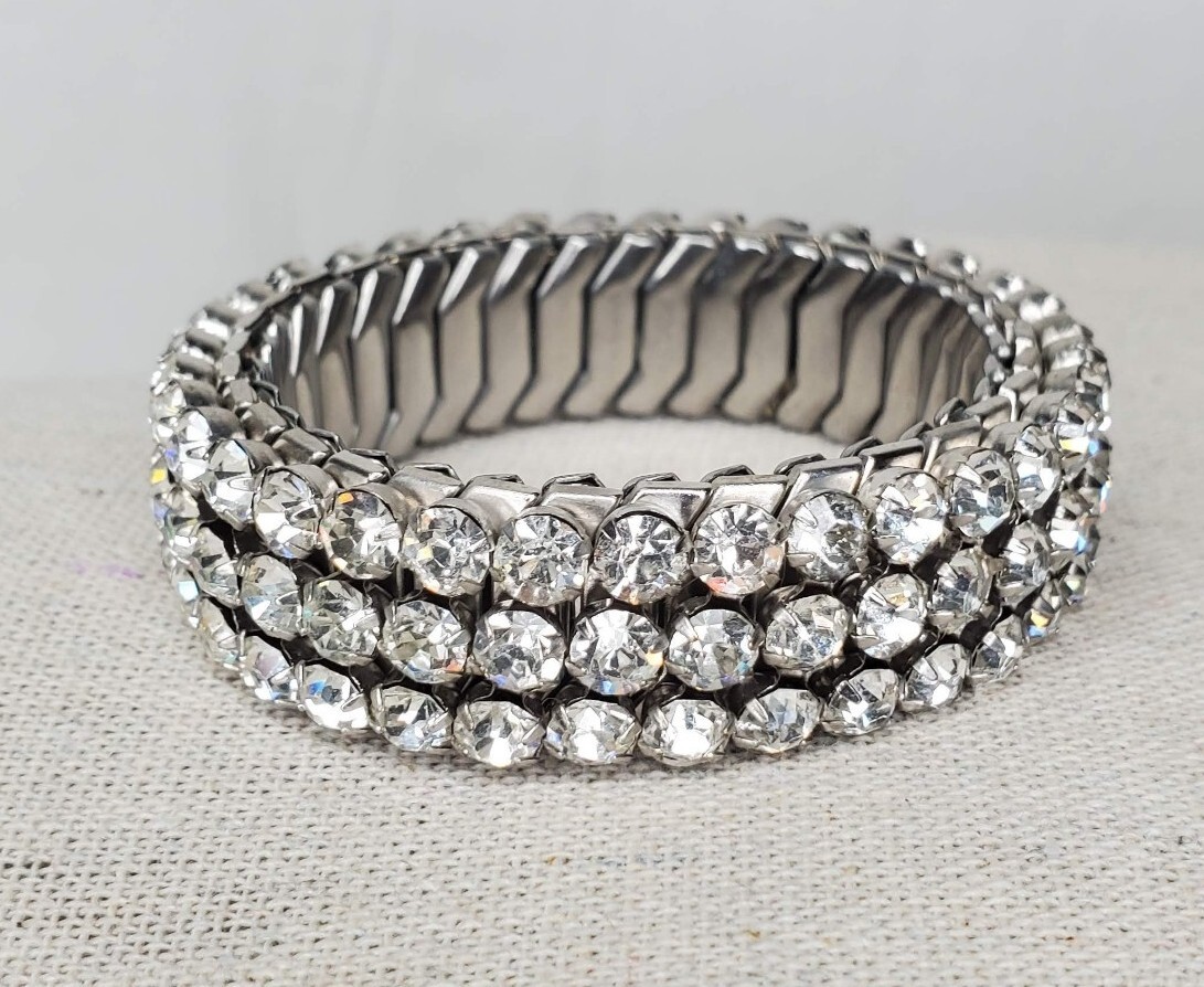 Vtg Hirflex Silver Tone Stretch Bracelet Rhinestones 3 Row Party Gift Signed USA