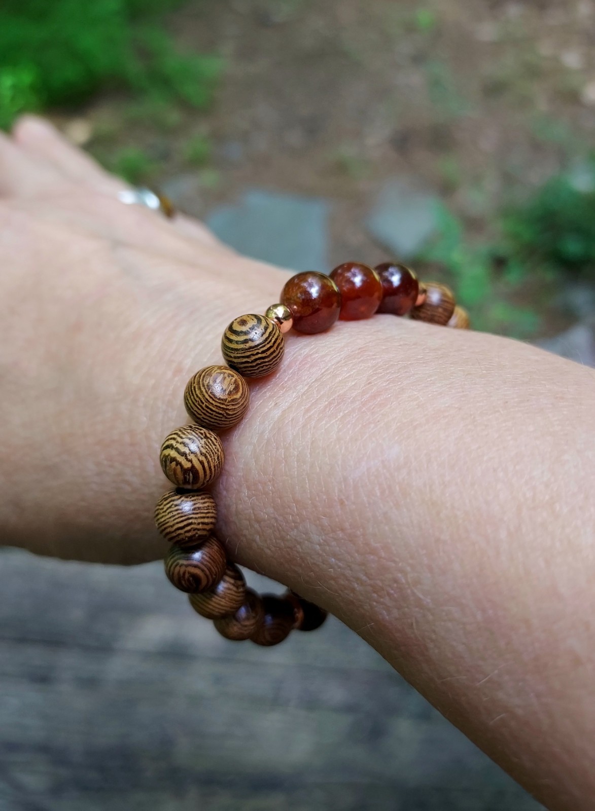 Hessonite Garnet Gemstone Bracelet With Brown Wooden Beads Stretchy 6.50″