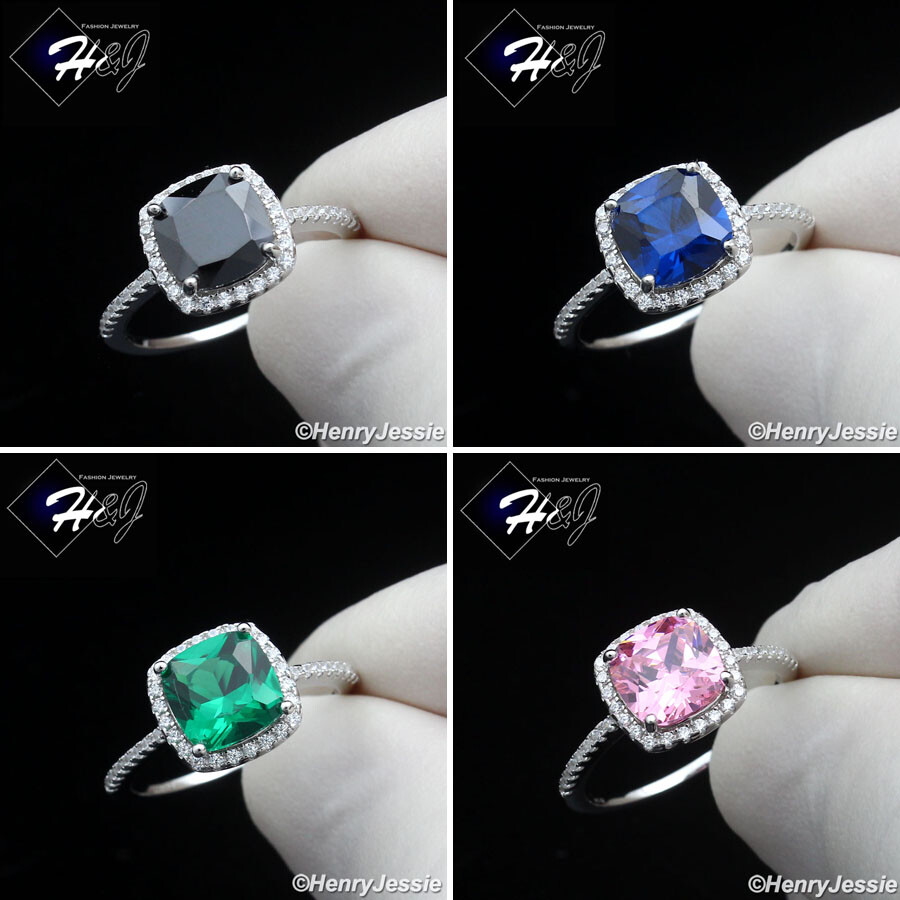 WOMEN 925 STERLING SILVER ICY BLUE/BLACK/GREEN/RED CZ SQUARE ENGAGEMENT RING*203