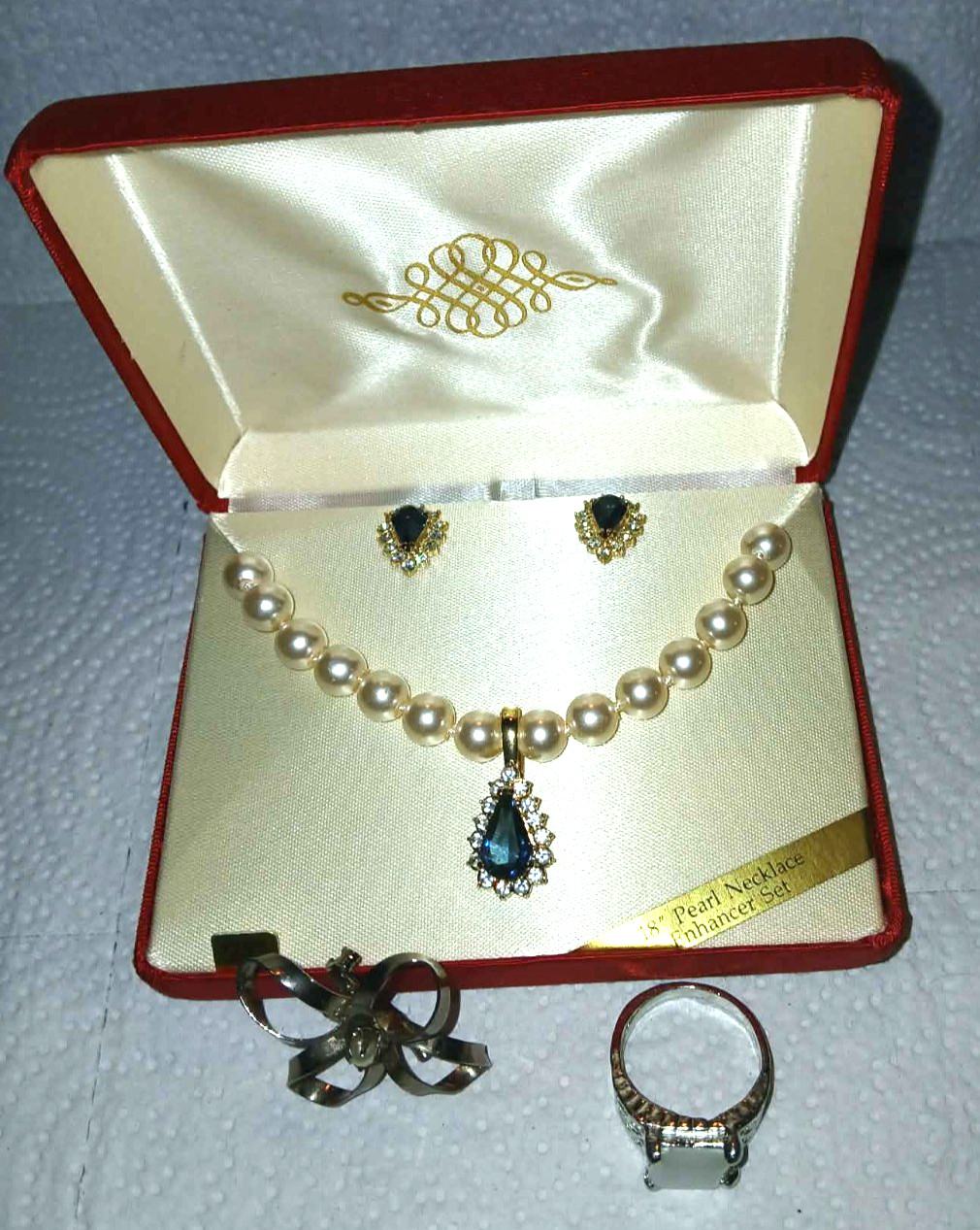 18″ Pearl Necklace Enhancer Pendant/ Earring SET+ Ring+ Vtg Pin#58