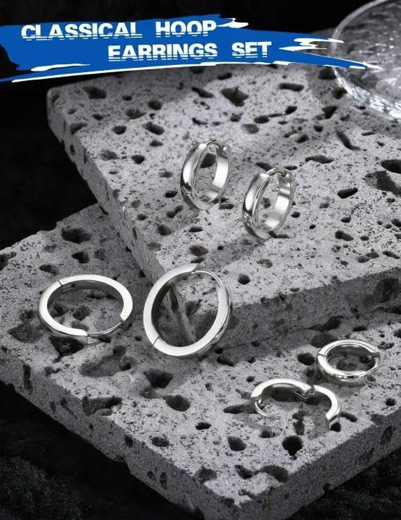 3Pairs Stainless Steel Mens Womens Hoop Earrings Huggie Ear Piercings Hypoallerg