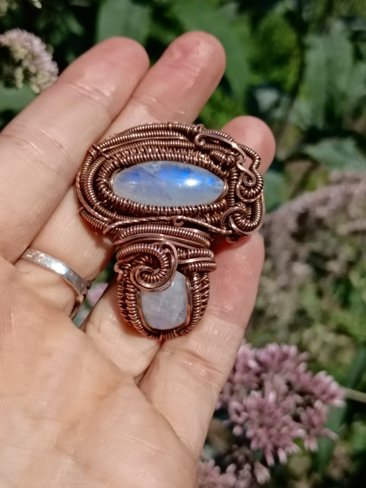Moonstone Mushroom Pendant Copper Wirewrap Eyeball Handmade