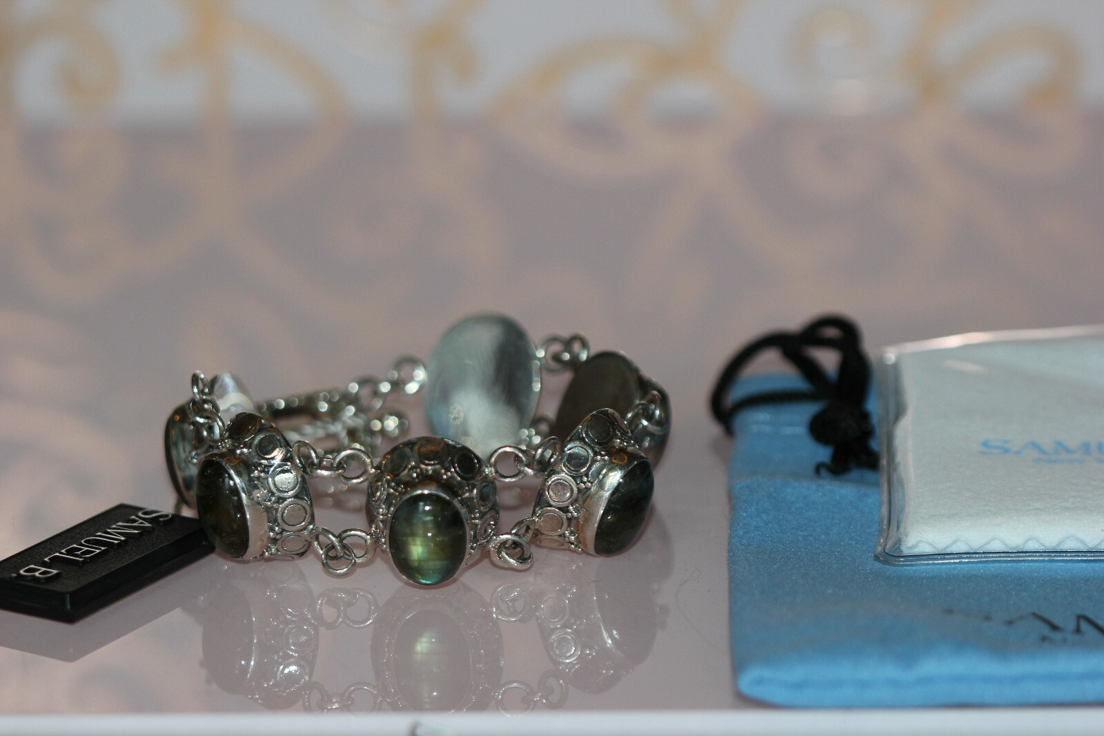NWT Samuel B. Labradorite & Sterling Silver T-Bar Bracelet polish cloth/bag 7.5