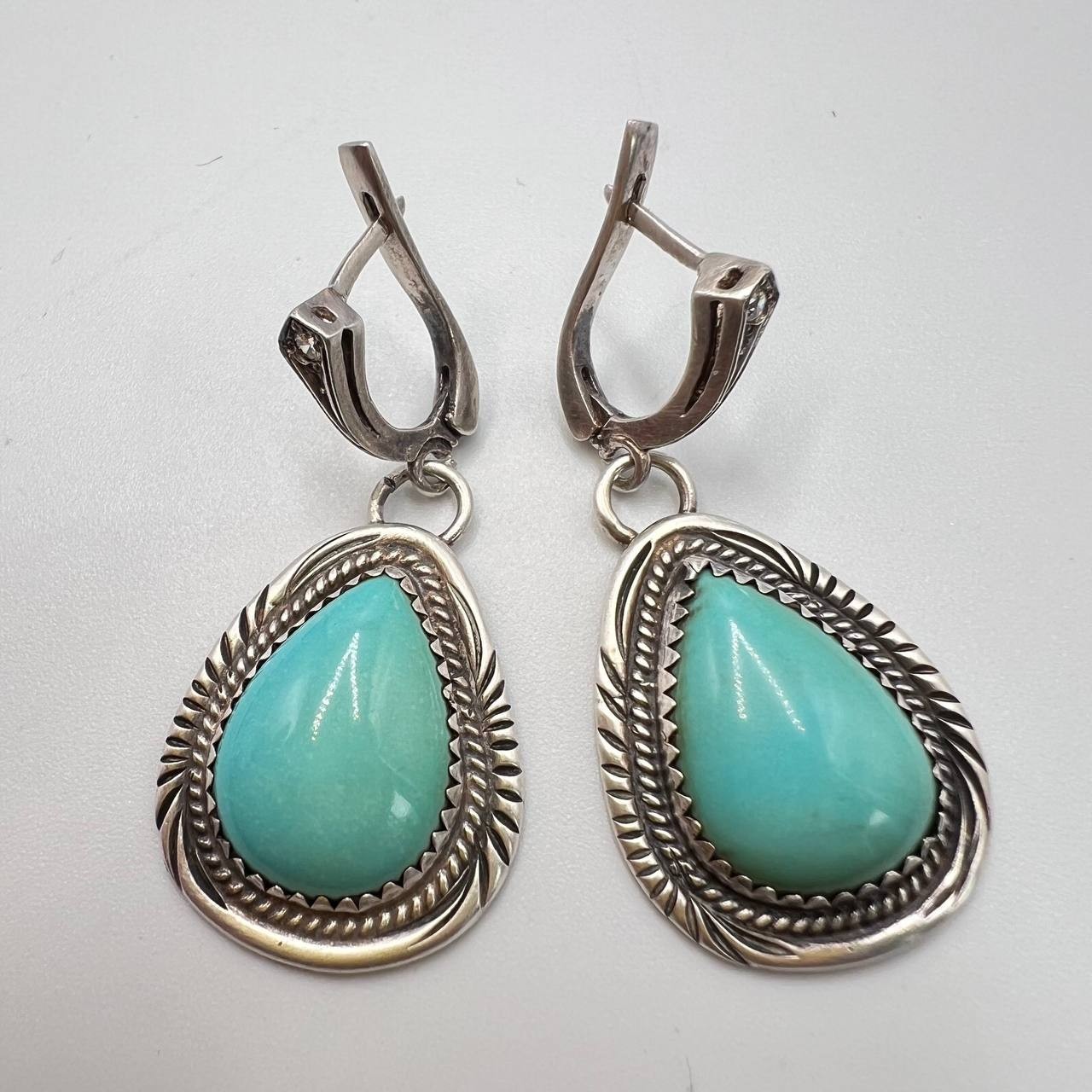 Vintage Sterling Silver 925 Woman’s Jewelry Drop Earrings Turquoise Stone Marked