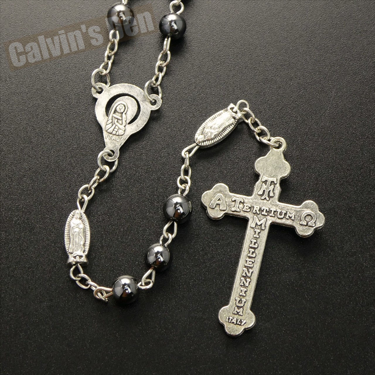 Hematite Bead Rosary Mary Crown of Stars Our Lady of Guadalupe Crucifix Italy