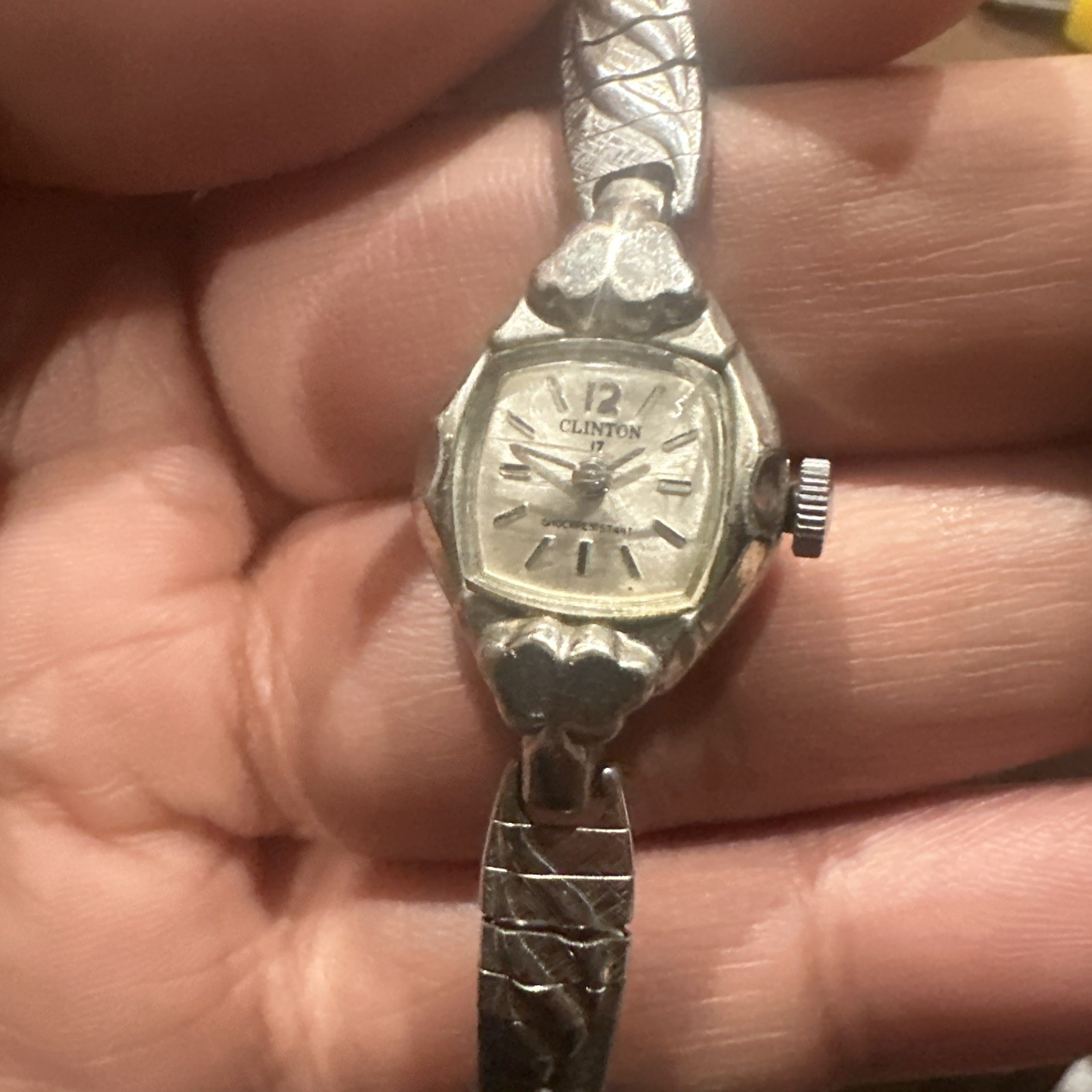 Vintage Clinton Ladies Watch, 17 Jewels Rare 16.6mm Silver Band For Repair