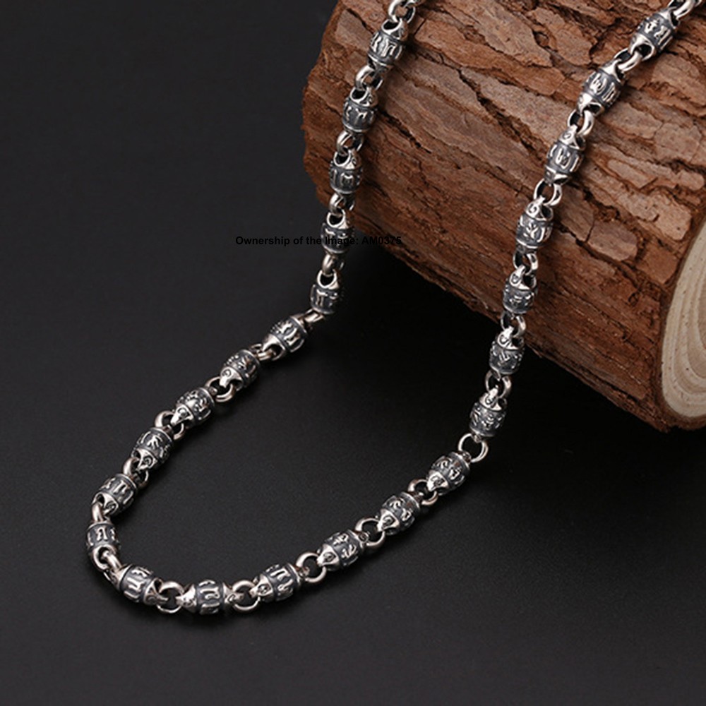 Pure 925 Sterling Silver Necklace Dragon Head 6mm Sutra Oval Bead Link Chain