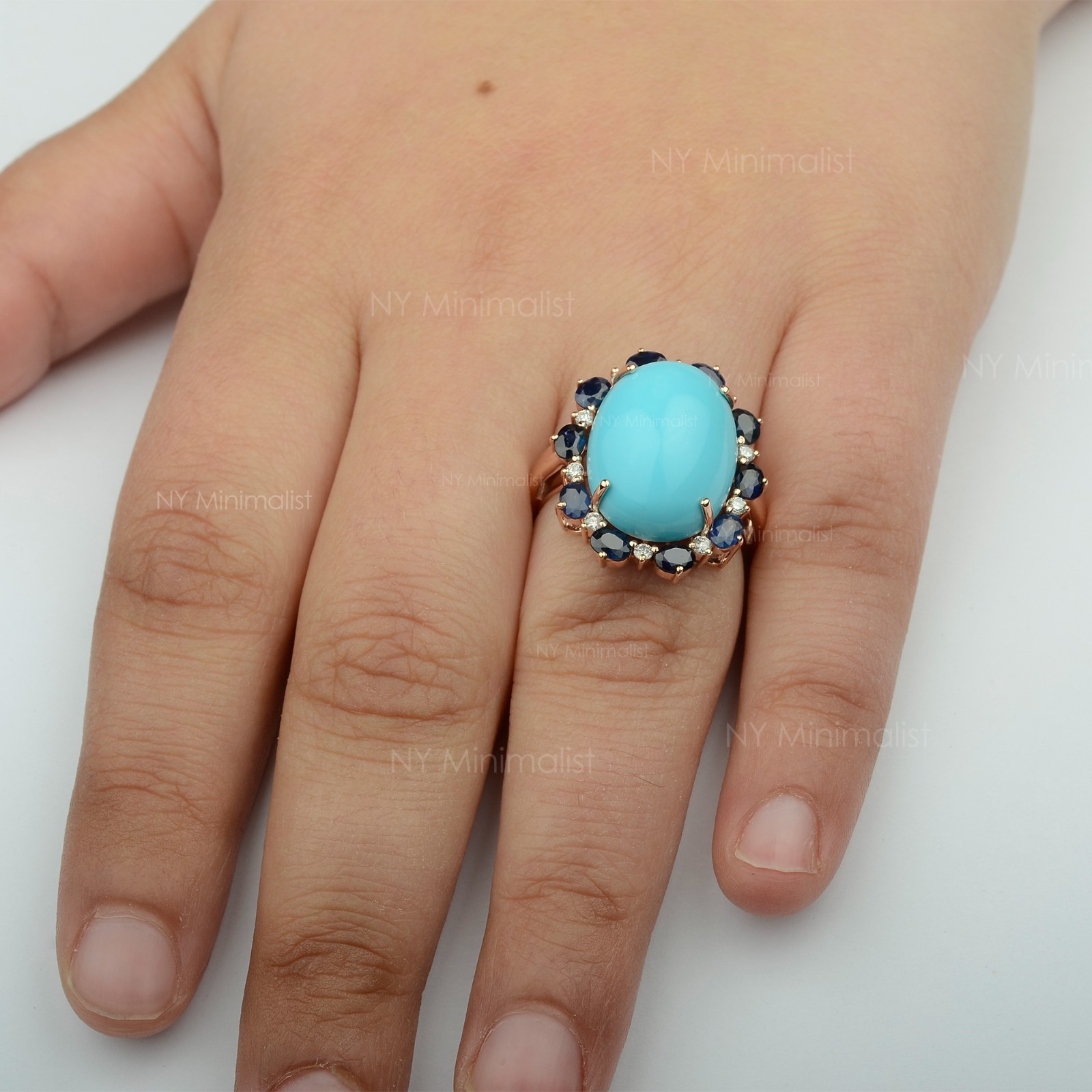 14K Solid Gold Genuine Oval Turquoise Blue Sapphire and Diamond Engagement Ring