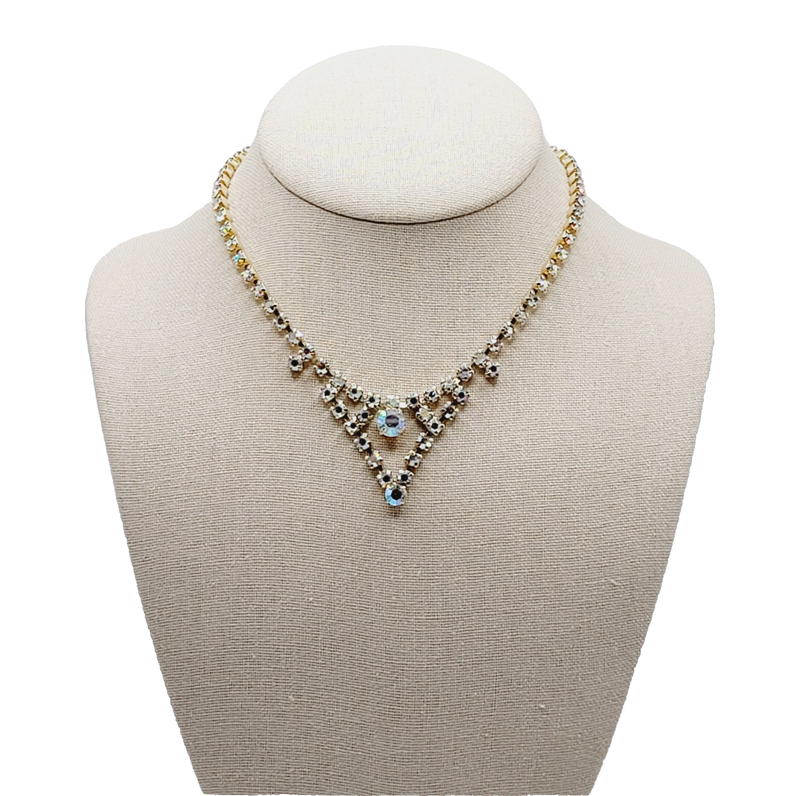 Swag or V Style Drop Choker AB Rhinestone Necklace Gold Tone Vintage 15 inch