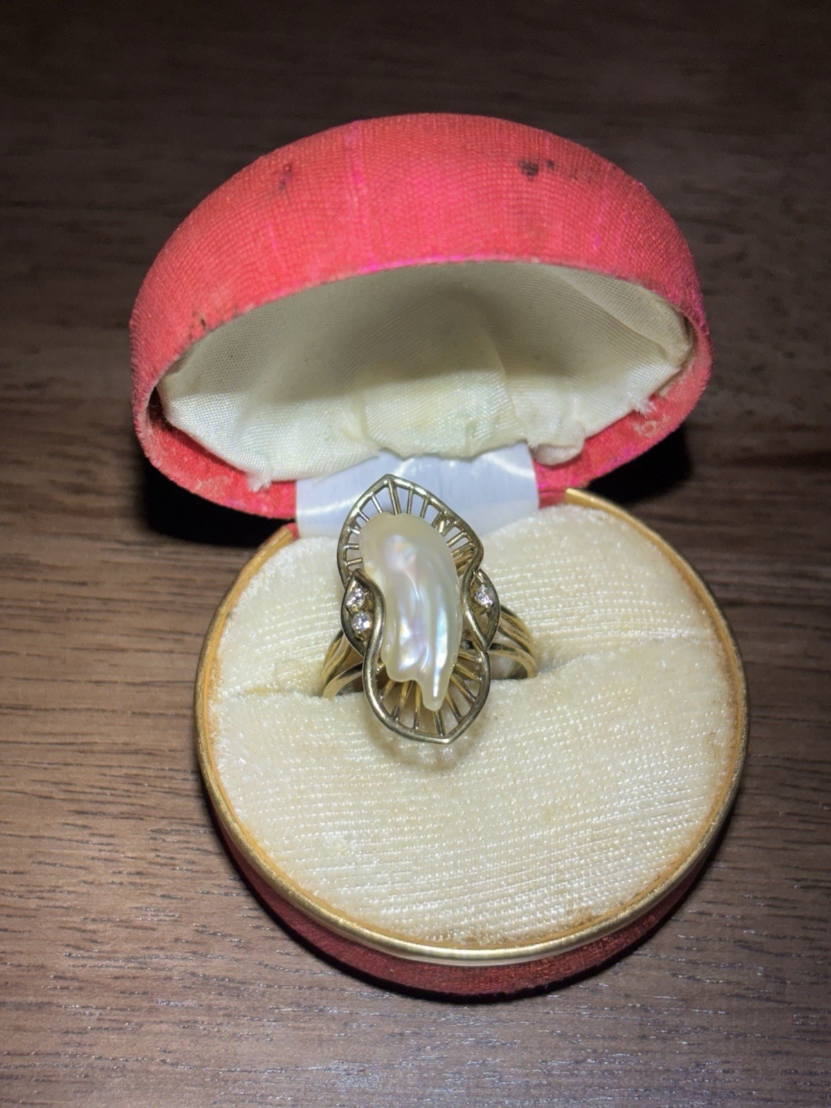 Lang 14K Yellow Gold Fancy Pearl cocktail Ring with Diamond Accents Sz7 TW 6.60