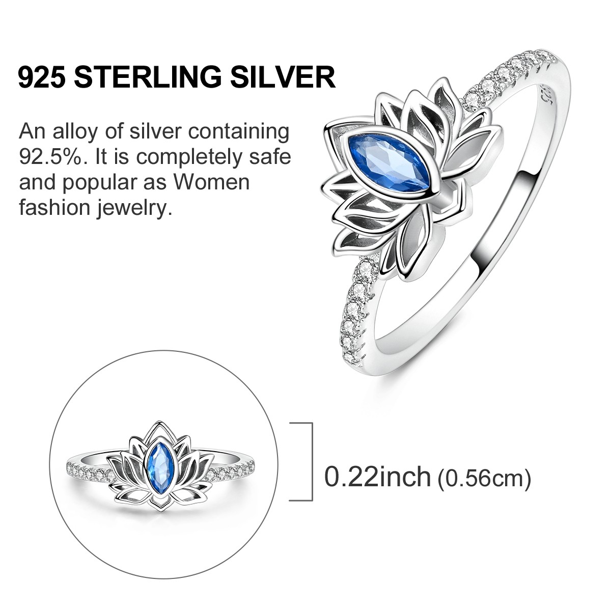 LAZA Original 925 Sterling Silver Ring Sparkling Blue CZ Lotus for Women Jewelry