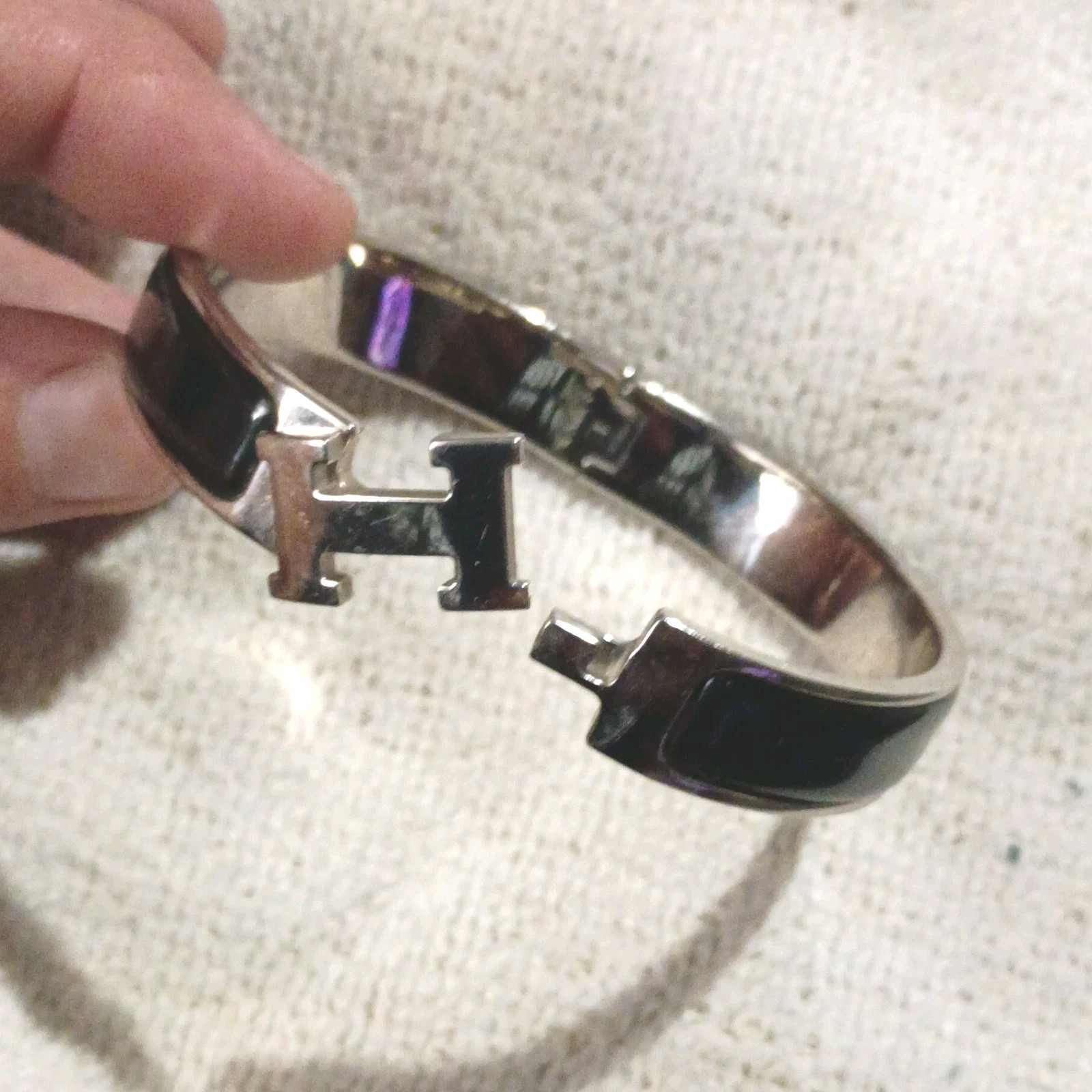 Hermès Clic H Hinged Bangle Bracelet Silver Tone Black Enamel Signed