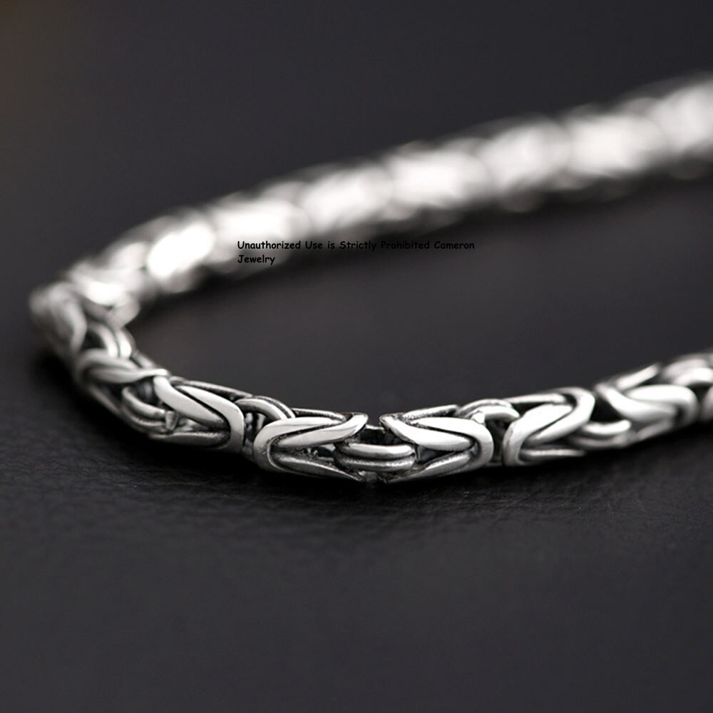 Pure S925 Sterling Silver Chain Men Women 4mm Byzantine Link Bracelet 6.7-8.7inL