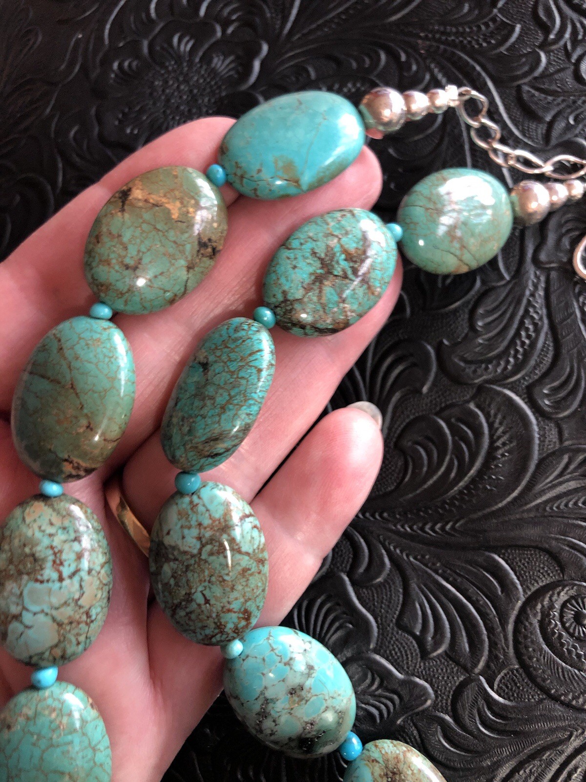 Hubei Turquoise Oval Nuggets 18”-21” Heavy Bead Necklace DR925 Hook Clasp