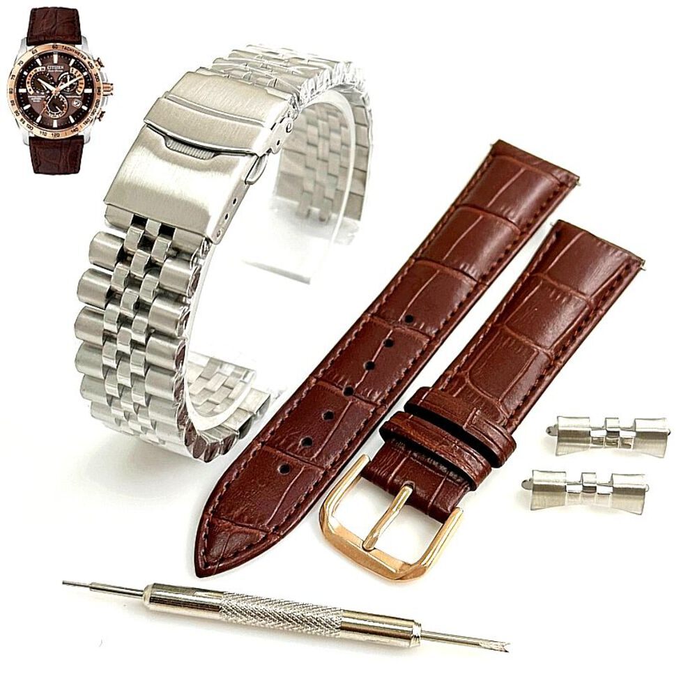 Steel and Leather Replacement Watch Band Fits Citizen AT4001-00X E650-S100585