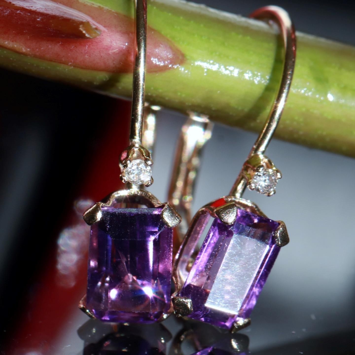 14k yellow gold earrings 0.82ct amethyst diamond 0.61″ dangle 0.91gr N3685