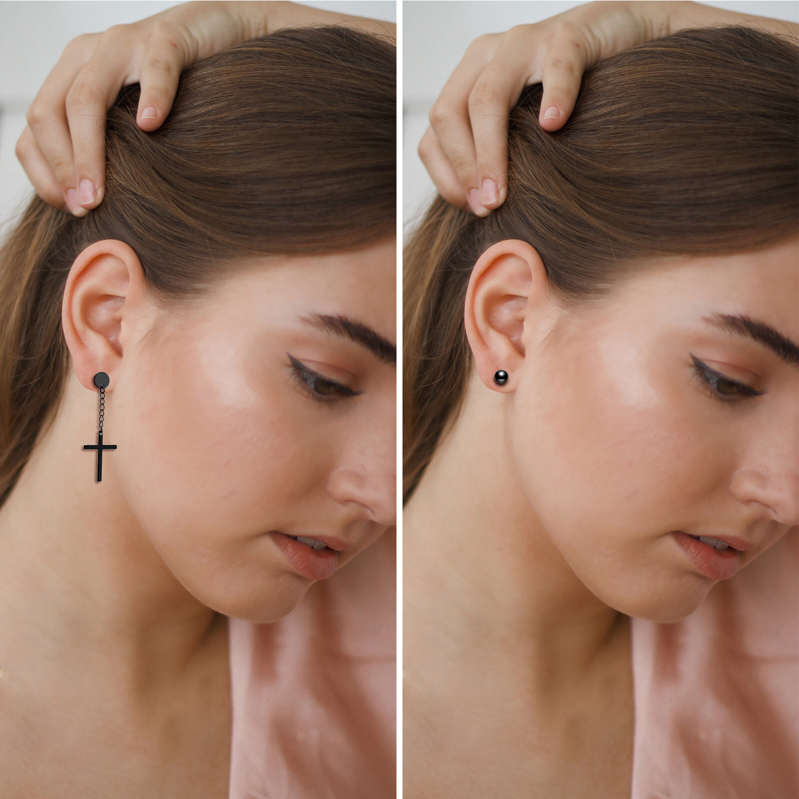 14 pairs Black Stainless Steel Cross Dangle Spike Hoop Earrings Ear Studs Set