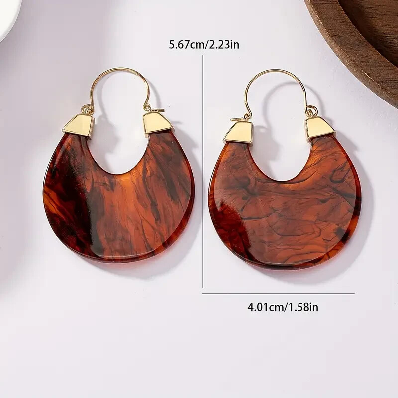 Vintage Bohemian Unique Brown Resin Plate Design Hoop Jewelry Gift Women