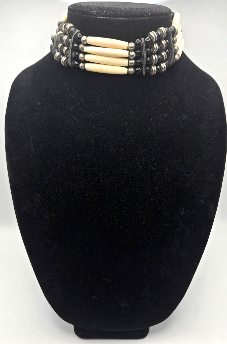 Vintage 4 Strand Tribal Style Choker Cream Tube Beads Leather Tie Adjustable