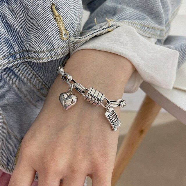 925 Sterling Silver Heart Thick Chain Bracelet Handmade Vintage Bangle for Women