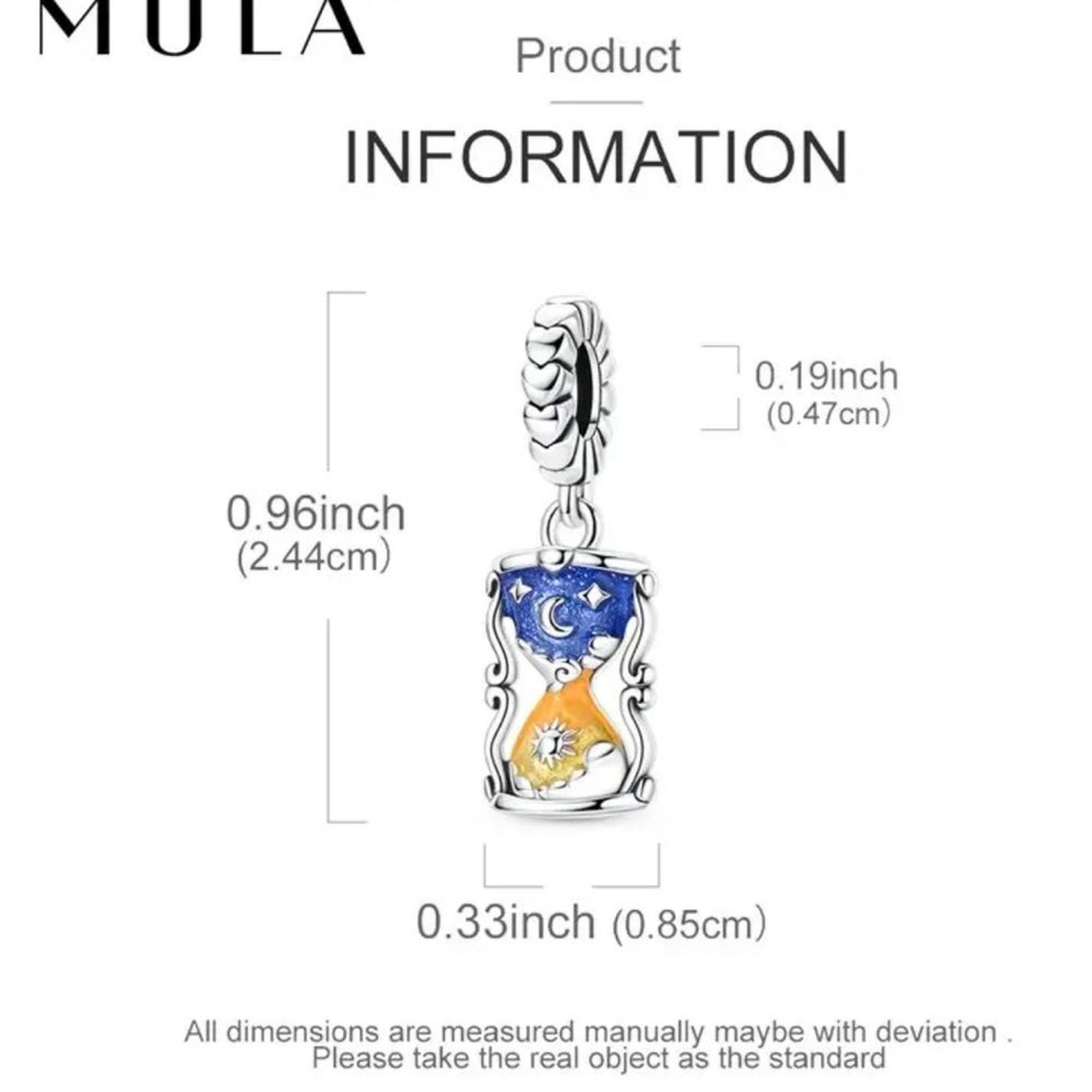 MULA Silver Sun and Moon Hourglass Charm with blue and yellow enamel