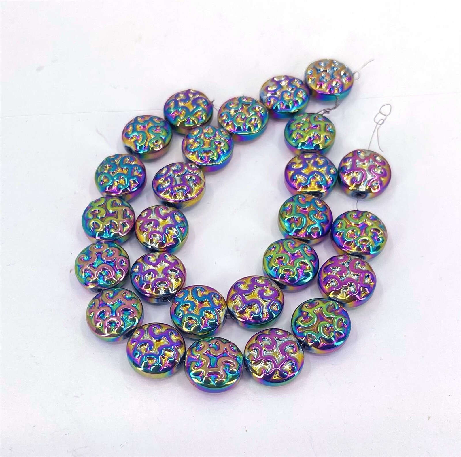 13mm Rainbow Peacock Glass AB Plated Carved pattern Disc Beads Metallic (13pc)