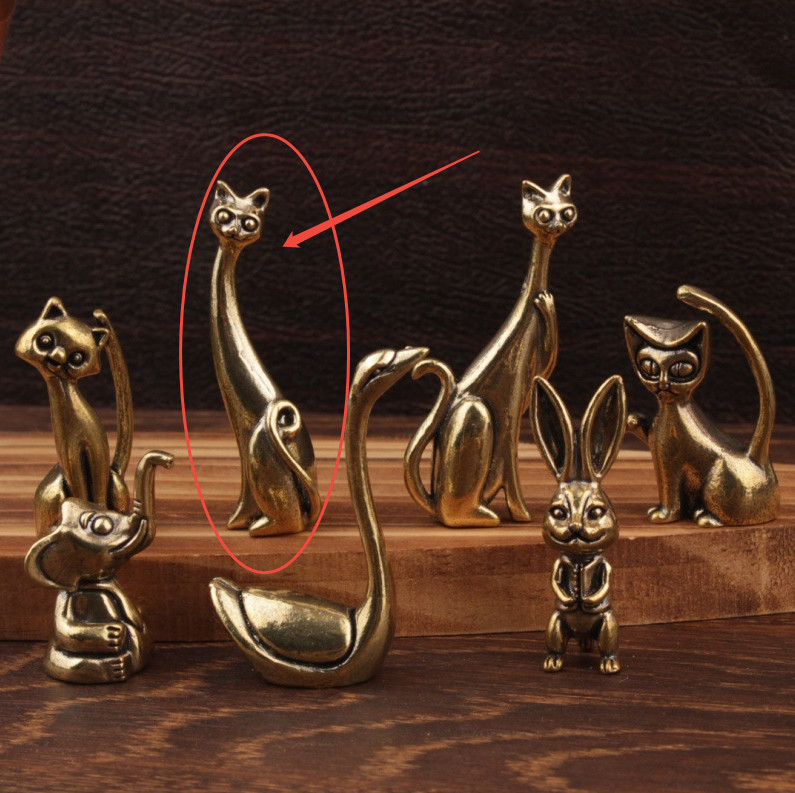Curly Tail Long Neck Cat Ring Holder, Brass Desk Ornament Office Decor