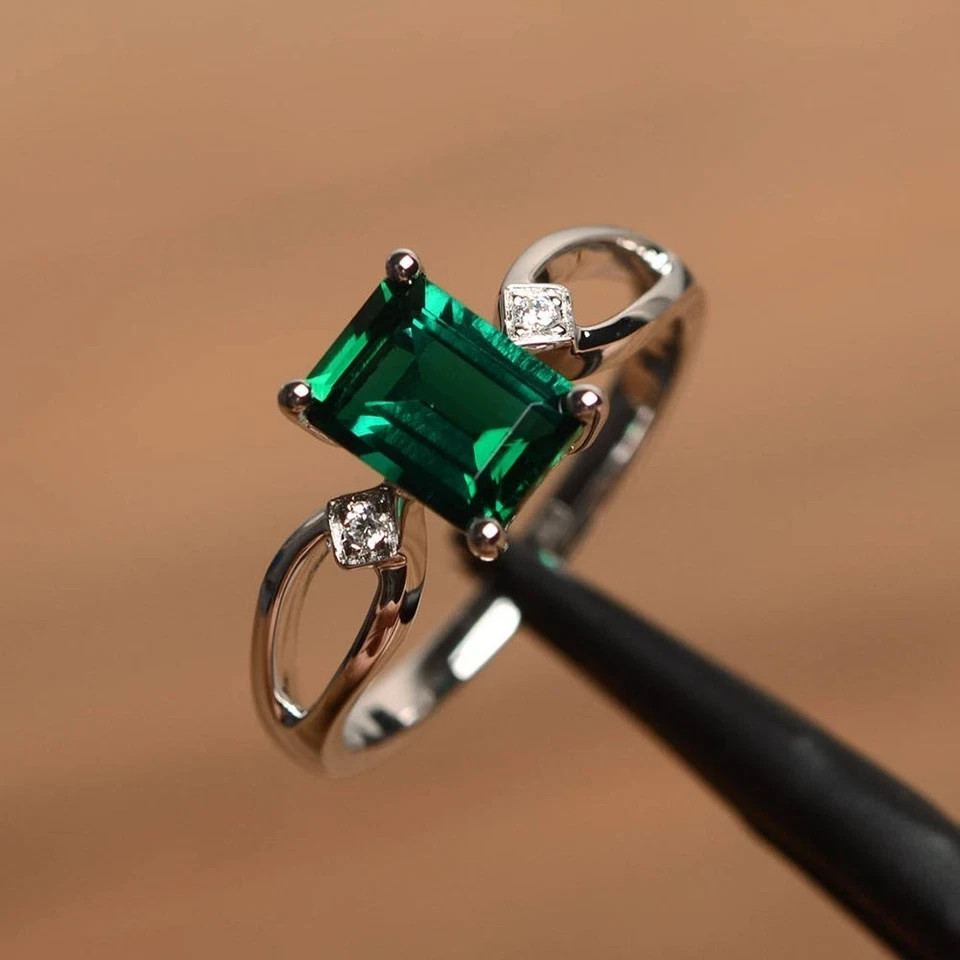 2.00 Ct Emerald Cut Natural Emerald & Diamond Wedding Ring 925 Sterling Silver