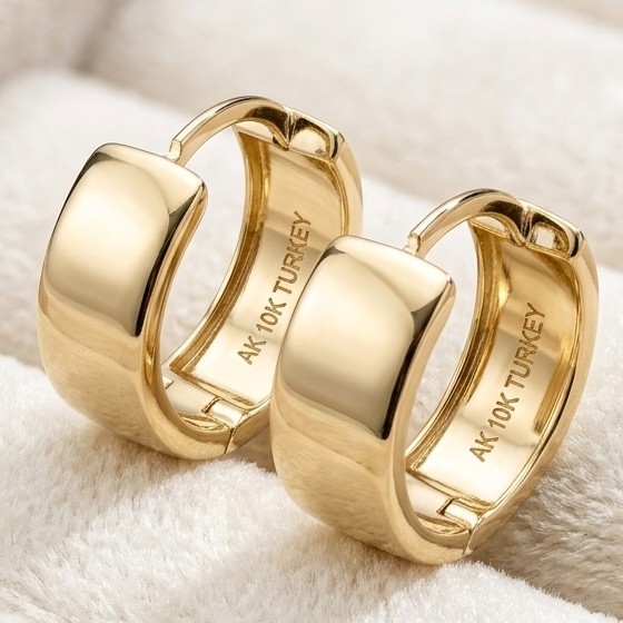 10K Yellow Gold Wide Huggie Hoop Earrings 13mm x 5mm High Polish Clicker